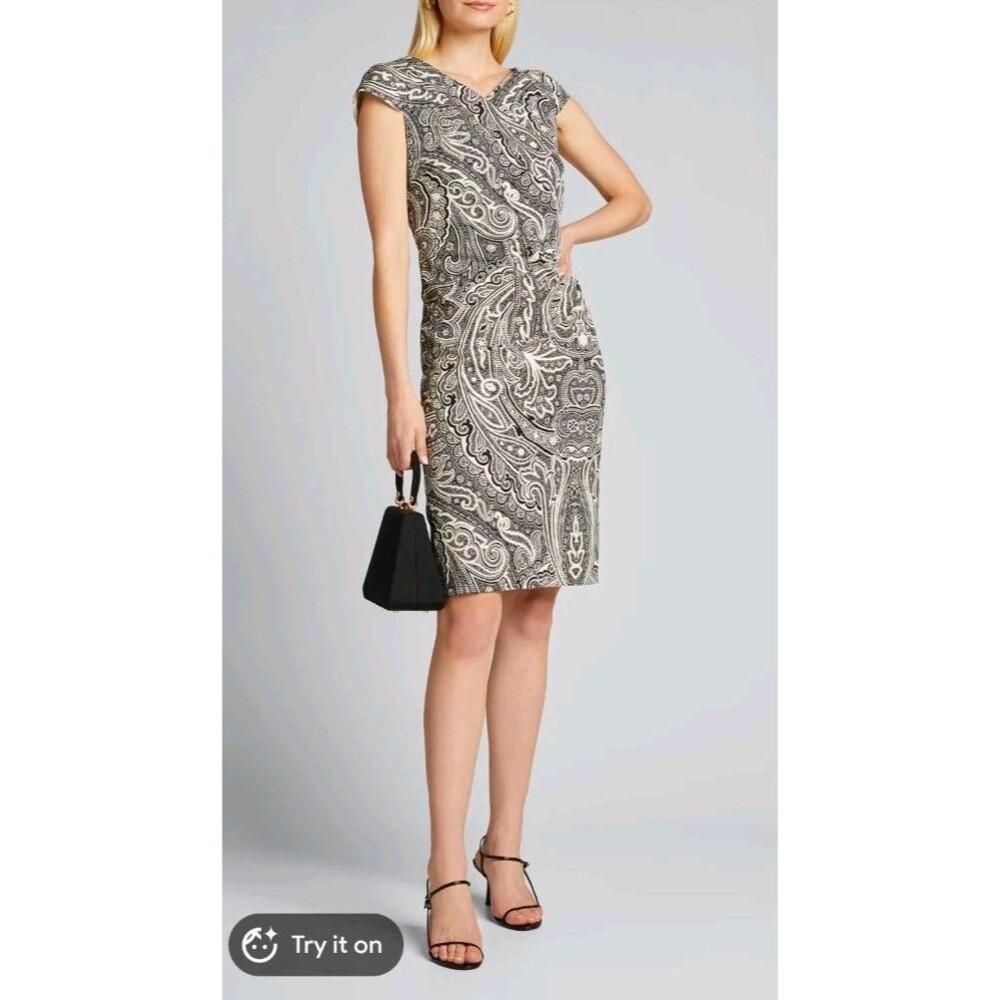 Max Mara Vosci Sheath Paisley Dress Black and Cream Cap Sleeves sz 6